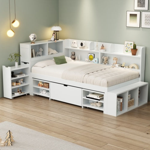 UK Local Children's Bed, Single Bed-3ft 90x190cm, Single Bed, Multifunctional Children's Bed With Drawers, Bookcase And Storage Cupboard, Large Storage Space, Slatted Frame, Without Mattress, White