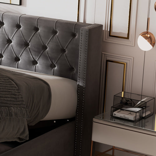 UK Local Upholstered Bed, With Hydraulic Lever, Functional Bed From Storage, 150 X 200 Cm, Without Mattress, Velvet, Gray