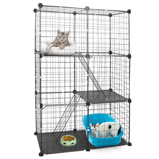 US Local 3 Tier Cat Playpen Cage Metal Indoor Cat House Detachable Kitten House With 3 Doors 2 Ladders Large Cat Exercise Place For 1-2 Cats Black