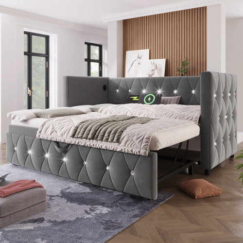 UK Local Daybed Single Upholstered Bed Sofa Bed With USB &Type C Charging Station, 3FT Single Bed 90 X 190 Cm With Trundle ,Pull Out Trundle For Living Room And Bedroom, Velvet