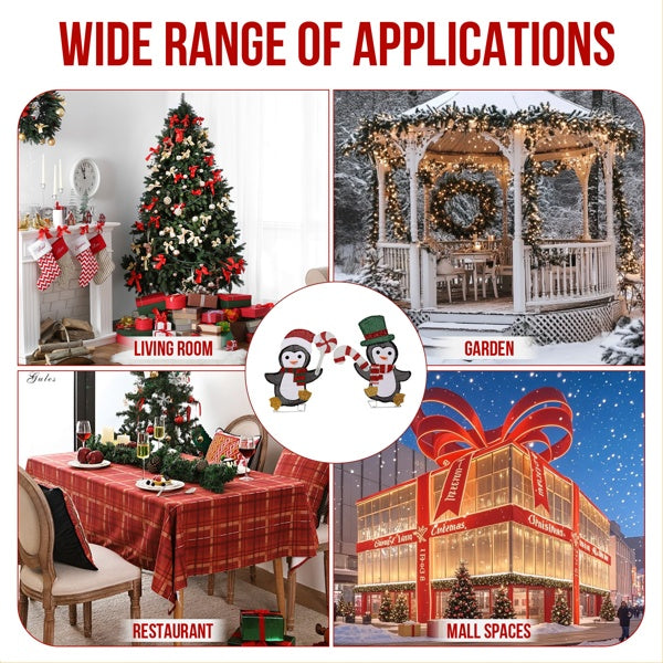 US Local Set Of 2 Lighted Penguin And Candy Cane Christmas Decorations, Pre-lit 2D Holiday Decor With 80 Warm White LED Lights For Xmas Outdoor Indoor Decor Lighted Holiday Displays