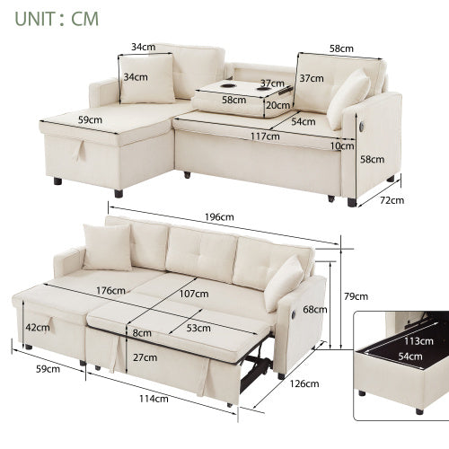 UK Local L-Shaped Pull Out Sleep Sofabed, Modern Reversible Sleeper Sectional Sofa, 3 In 1 Convertible Sofa Bed With Storage Chaise, Drop-Down Table, Cup Holders And Charging Ports