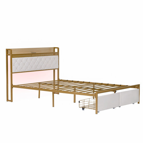 UK Local 4ft6 Double Bed Frame With 2 Storage Drawers, RGB LED Storage Headboard With Charging Station, Velvet Bed Frame, With Chrome Decoration, No Box Spring Needed, Easy Assembly, Beige