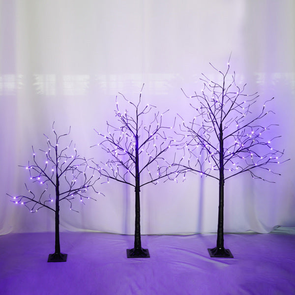 Set Of 3 Halloween Ghost Trees With Purple Lights, 4 Feet, 5 Feet, And 6 Feet, Black Glowing Trees For Halloween Decoration