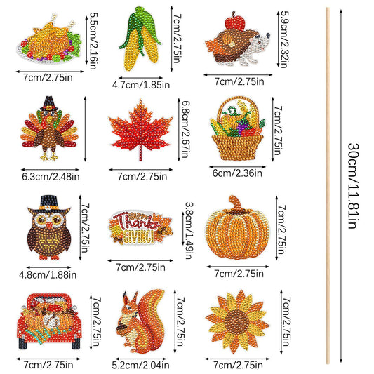 12 Packs Rhinestones Painting Art Kit Fall Pumpkin Turkey Maple Corn Design Decorative Stakes For Vase DIY 5D Rhinestones Art Craft Ornaments With Glue And Suction Cup For Thanksgiving Harvest Decor