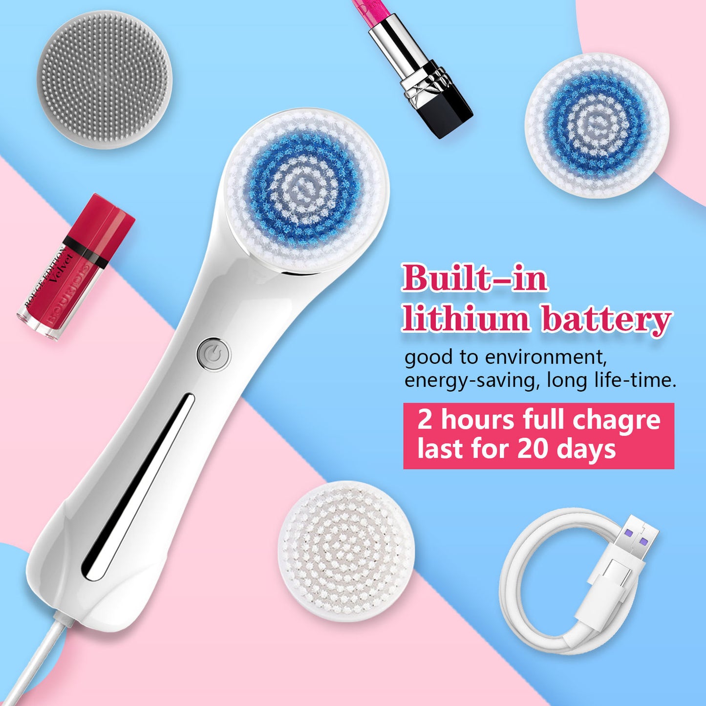 US Local Facial Cleansing Brush, Brush For Exfoliating, IPX7 Waterproof 3 In 1 For Massaging, Deep Cleansing Rechargeable With 4 Brush Head Replacements, White