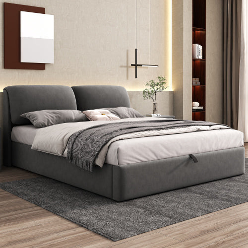 UK Local Upholstered Bed,King Size Bed-5ftm 150x200cm, Hydraulic Bed, Three Drawers, Bed Box For Storage, Slatted Frame With Headboard, Without Mattress, Velvet, Grey