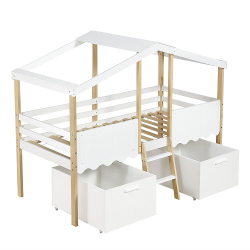 UK Local Wooden Bed, Storage Bed , Children's Bed, 3ft Single Bed 90x190cm, Safety Guardrail, Two Storage Boxes With Wheels, Imitation Roof Shape, Pine Wood Particle Board, WhiteNatural