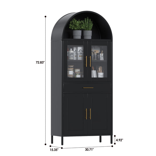 US Local 73 Inch Metal Tall Arched Display Cabinet, Metal Arched Bookshelf With Doors,Shelves,Drawers, Modern Freestanding Bookcase For Home Office Bar Living Room ,Black