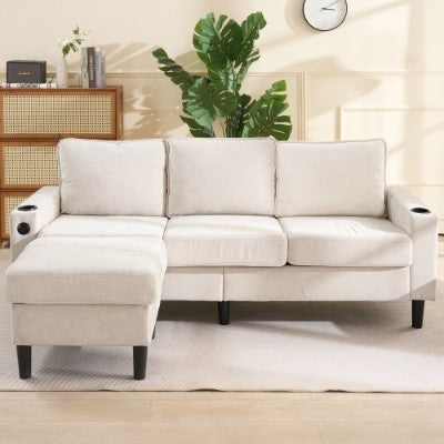 UK Local L-Shaped Couch Sofa, Corner Sofa 3 Seater Sofa, Sectional Sofa Couches With USB, Cup Holder, For Apartment Living Room Beige