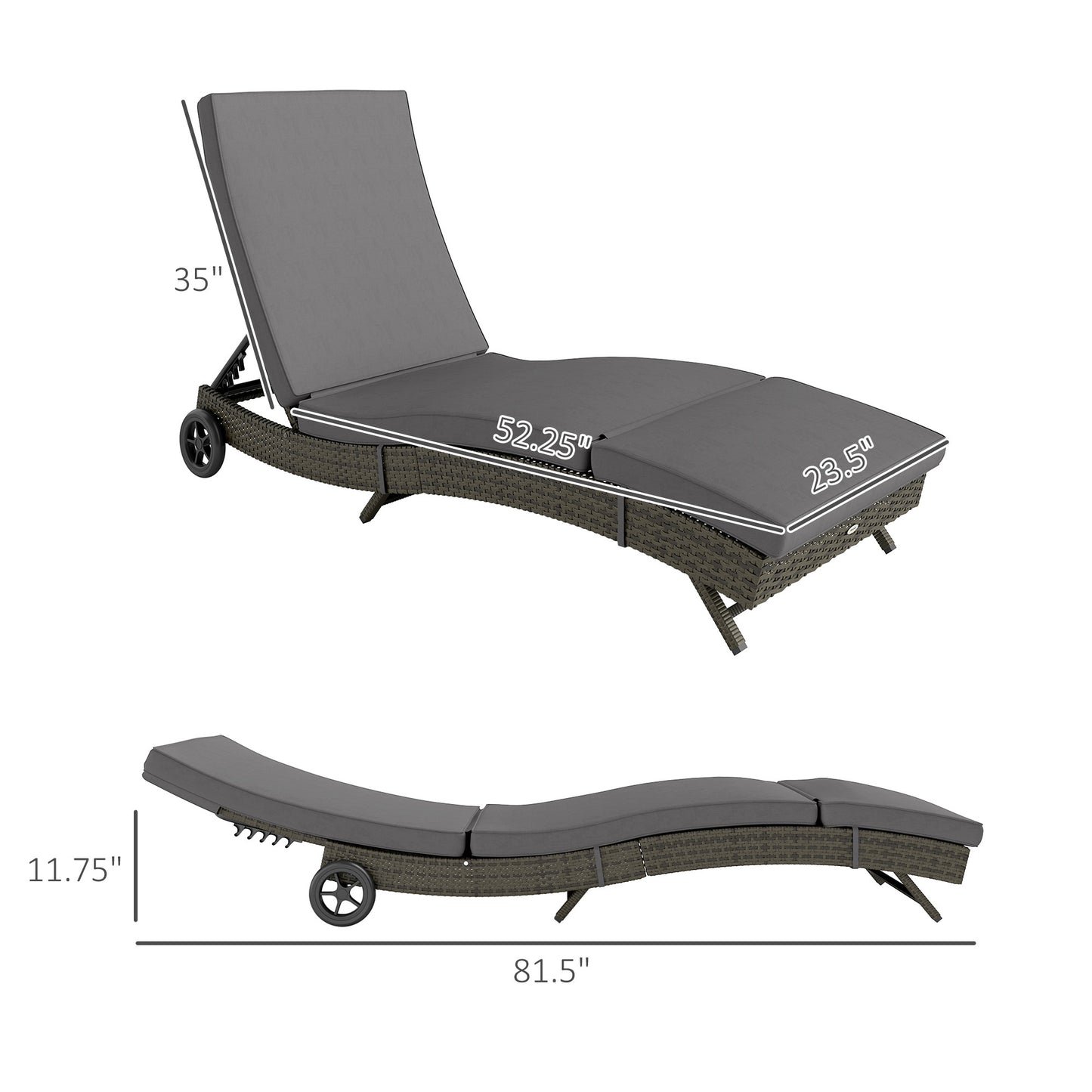 US Local Patio Wicker Chaise Lounge Chair, Outdoor PE Rattan Sun Lounger With Adjustable Backrest And 2 Wheels, Gray