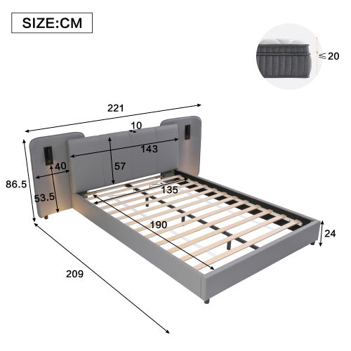 UK Local Upholstered Bed, With Charging Port And Lighting, 4ft6 Double Bed 135x190cm, Soft Sponge Headboard Backrest, Anti-collision Sponge Filling, PU Plywood,
