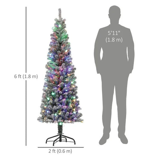 CA Local 6 ft Prelit Pencil Artificial Christmas Tree, Flocked Xmas Tree With Remote, Dual Colour LEDs, 429 Tips, Metal Stand
