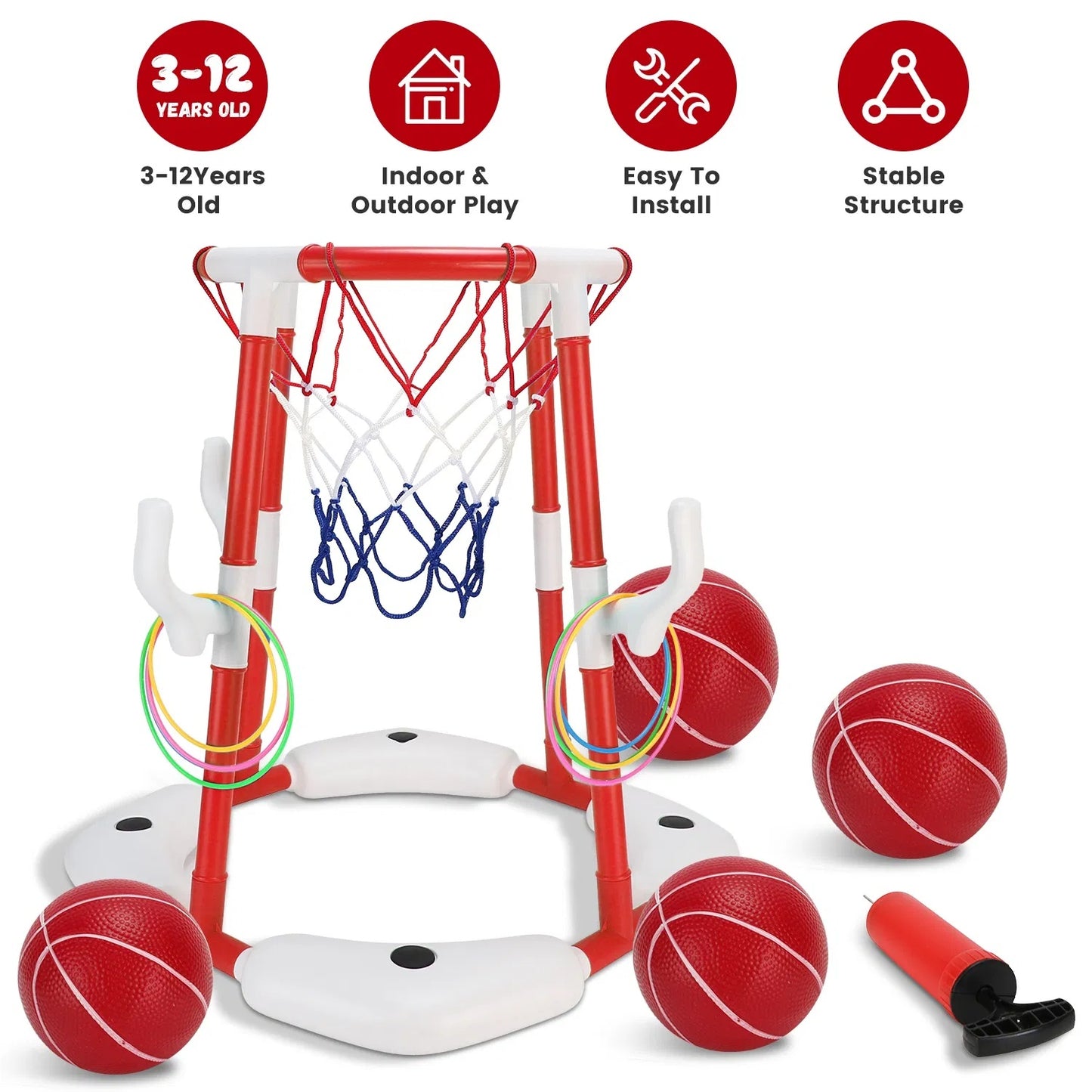 US Local Summer Pool Basketball Hoop Toy Set With 4 Basketballs 4 Circles Floating Swimming Pool Basketball Games Poolside Water Play Toy For 3-12Years Old Kids Adults GPCT5441