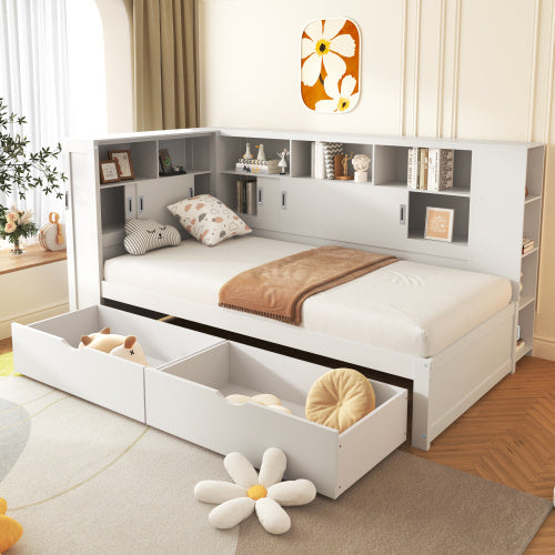 UK Local Platform Bed With Trundle Bookcase USB,Single Bed-3ft 90x190cm,Household Bed, Multifunctional Bed,with 2 Storage Drawers, Dust-proof Cabinet And Shelves, Large Storage Space,white
