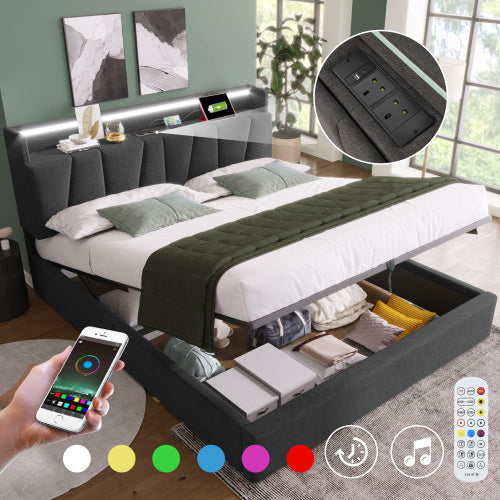 UK Local Upholstered Double Bed With USB Charging Function, Storage Headboard And LED Lighting, 5ft King Size Bed Storage Bed Frame 150 X 200 Cm, Wooden Slatted Frame, Grey No Mattress