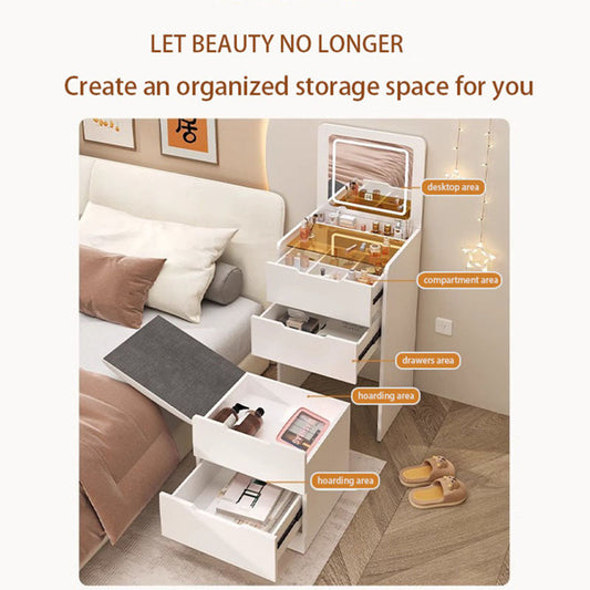 US Local 3 In 1 Dressing Table With Flip Mirror And Light, Small Makeup Vanity Set With Viewing Glass Tabletop, 3 Drawers, Storage Stool, 3 Color Lighted Mirror, Bedroom Dressing Table For Small Spaces