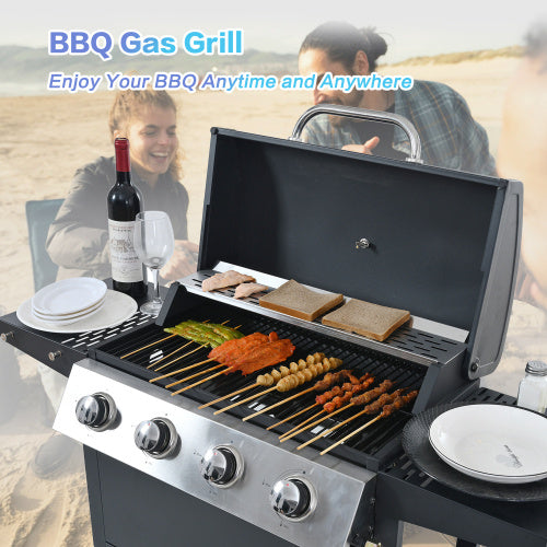 US Local Propane Gas Grill 4 Burner Barbecue Grill, Stainless Steel 34,000 BTU Patio Garden Barbecue Grill With Two Shelves, Lid, Wheels And Bottle Opener