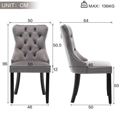 UK Local Modern Set Of 4 Upholstered Velvet Dining Chairs, Button Tufted Kitchen Lounge Chairs With Solid Wood Legs, Riveted Trim And Knocker Ring, For Dining Room Living Room,