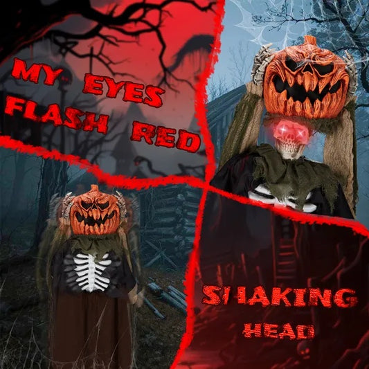 US Local 5.6ft Halloween Decorations Outdoor Life Size Animatronics Ghost With Pumpkin Head, Sound-Actived Party Decor With Creepy Sound , Scary Haunted House Props For Garden Yard Lawn