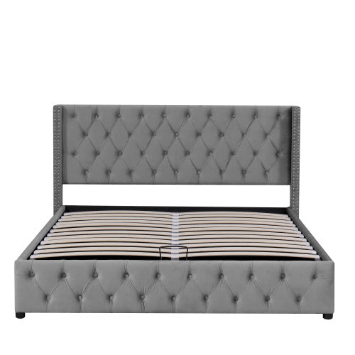 UK Local Upholstered Bed, With Hydraulic Lever, Functional Bed From Storage, 150 X 200 Cm, Without Mattress, Velvet, Gray