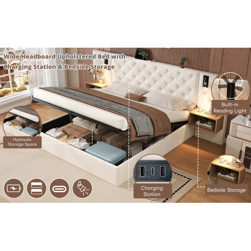UK Local King Upholstered Bed With Charging Station, Velvet Hydraulic Storage Bed With Reading Light, 5ft King Bed Frame With Handmade Button Tufted Wide Headboard And Bedside Storage, Beige