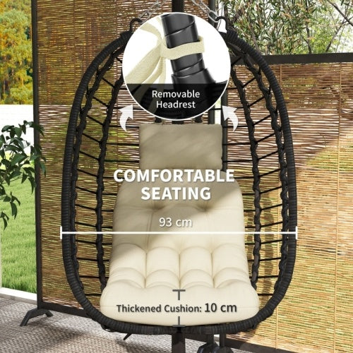 UK Local Outsunny Rattan Hanging Egg Chair, Foldable Wicker Hammock Swing Chair With Cushion, Stand, Adjustable Height, Head Pillow, Steel Frame For Garden Patio Indoor Outdoor, Cream White