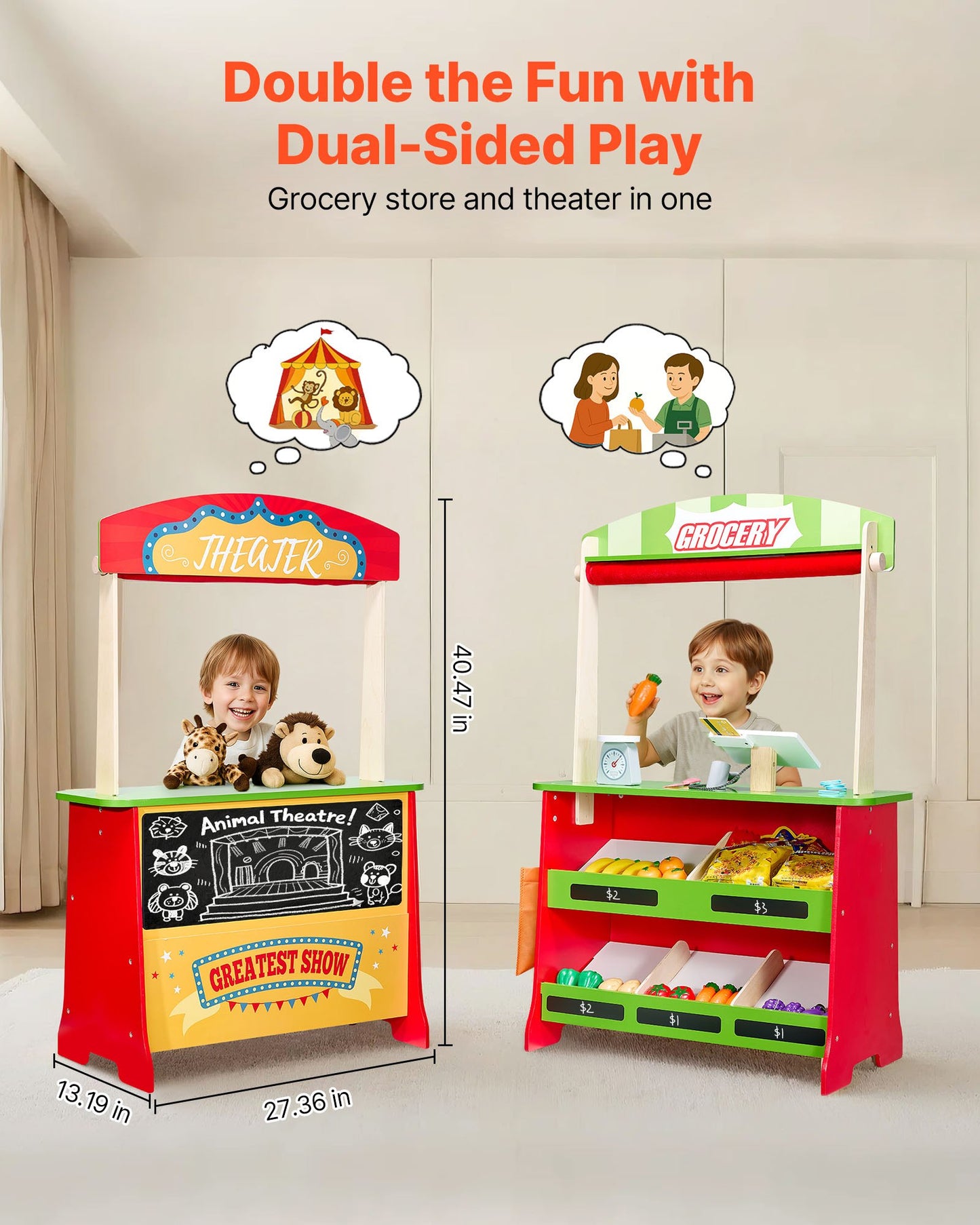 US Local Wooden Puppet Theater 2-in-1 Reversible Play Store Kids Play Market Stand