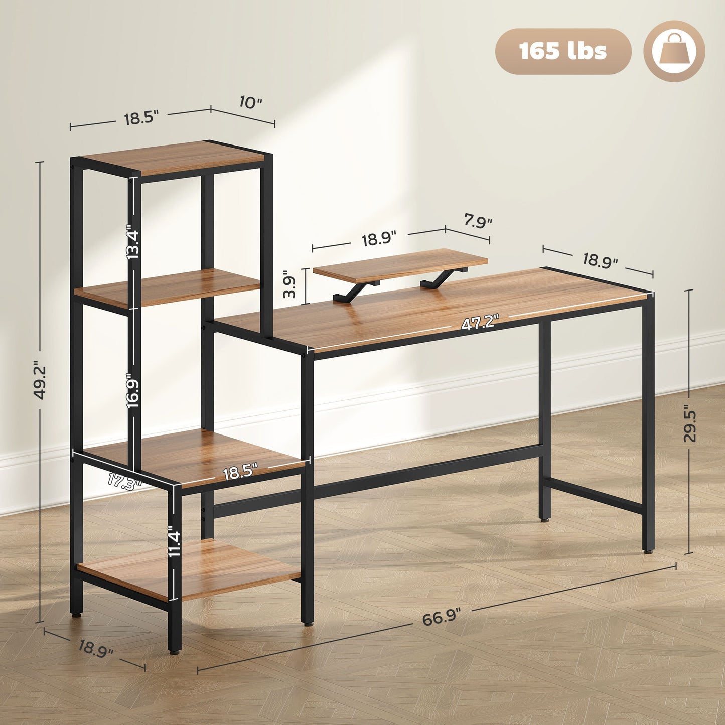 US Local Computer Desk, 67 CPU Desk With Monitor Stand, Reversible 4-Tier Shelf, Industrial Writing Desk For Study Room, Brown