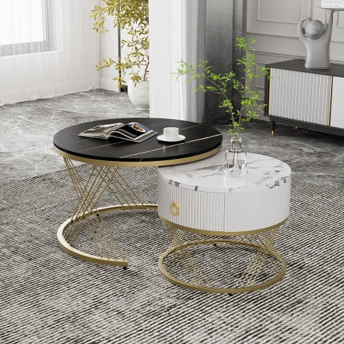 UK Local Elegant Nesting Coffee Table Marble Look Gold Decor,Side Table With Drawers Set Of 2