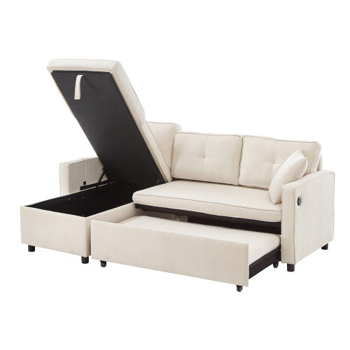 UK Local L-Shaped Pull Out Sleep Sofabed, Modern Reversible Sleeper Sectional Sofa, 3 In 1 Convertible Sofa Bed With Storage Chaise, Drop-Down Table, Cup Holders And Charging Ports