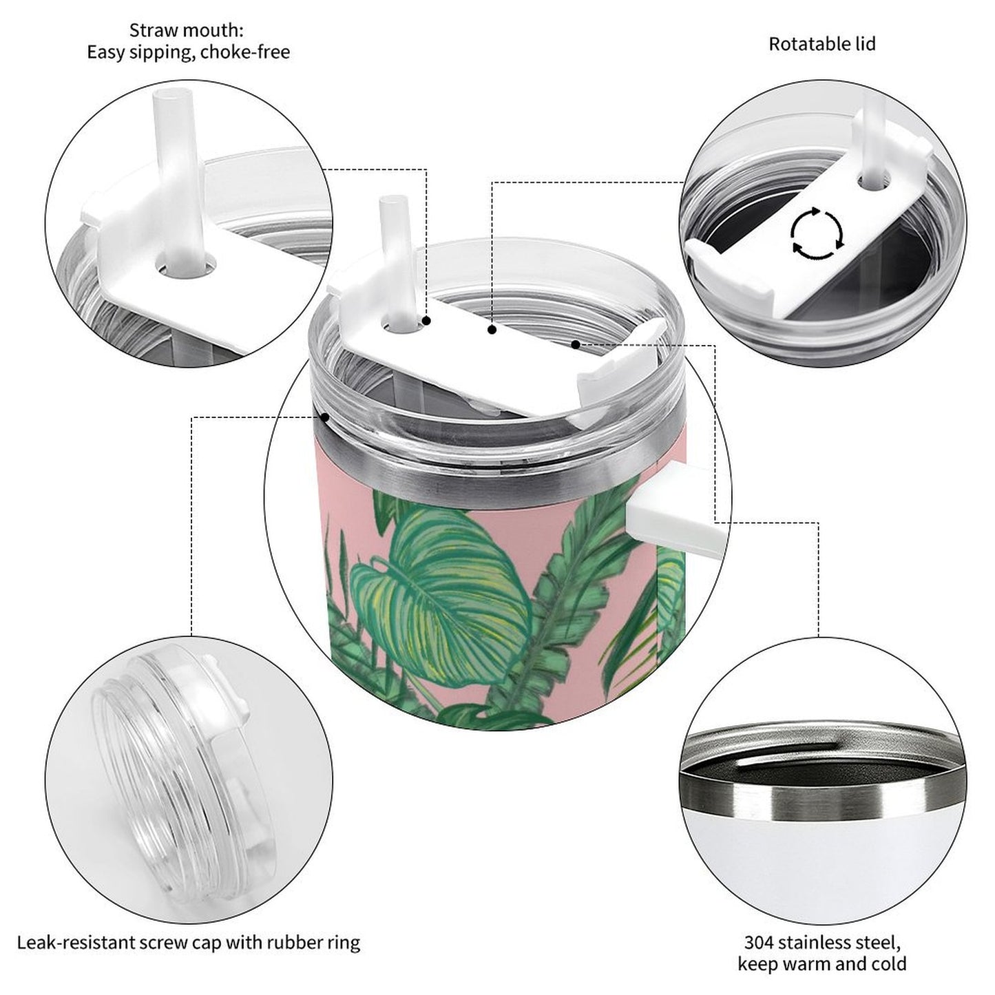 PHDT00047 POD US Local Tumbler 40 oz Large Capacity Car Cup Tropical, Monstera, Pink, Greenery