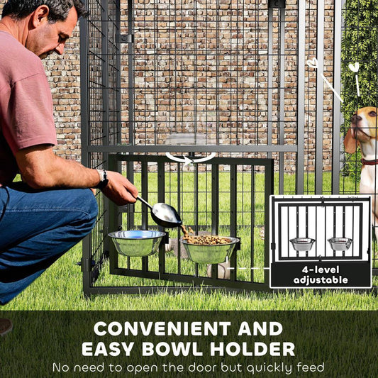 US Local Welded Wire Outdoor Dog Kennel With 360 Rotating & 4 Levels Adjustable Bowls, Waterproof Cover, 4.6 X 4.6 X 5