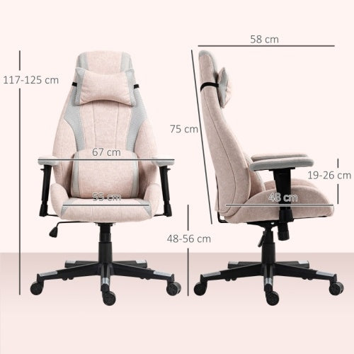 UK Local HOMCOM Fabric Gaming Chair With Lumbar Support, Headrest - Pale Pink