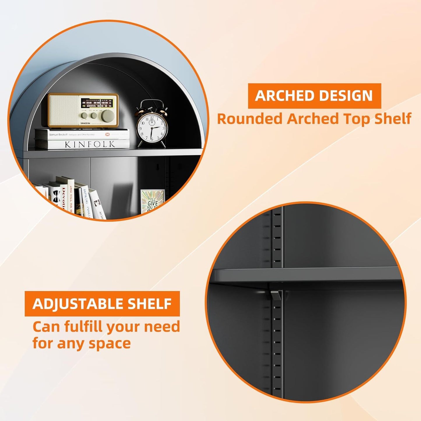 US Local Metal Arched Bookcase With Wheels, Modern Freestanding Black Arch Storage Cabinets For Home Office Bookshelf Living Room