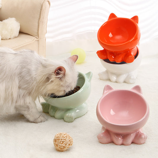 US Local Ceramic Cat Bowl Cat Bowl Cat Food Bowl Neck Guard Oblique Mouth Dog Bowl Pet Bowl