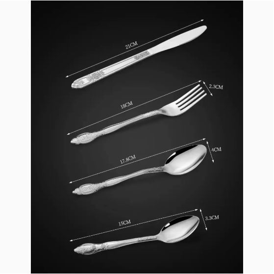 Product Name Deluxe Premium Cutlery Flatware Set For The Home Stainless Steel Cutlery Service With 1 Dinner Fork, 1 Dinner Knife, 1 Dinner Spoon And 1 Tea Spoon Durable, Elegant And Rust Resista