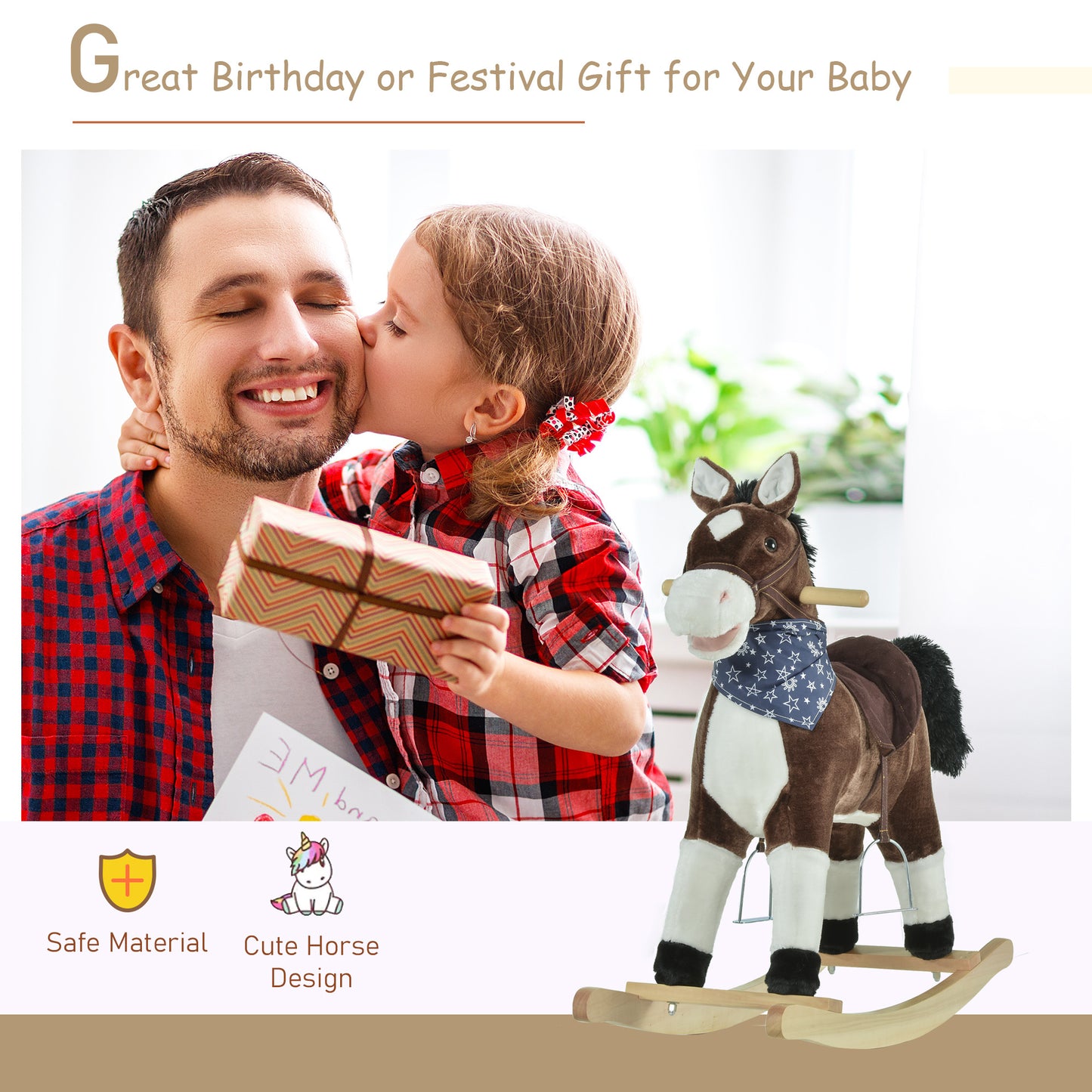 US Local Plush Cowboy Rocking Horse, Wooden Ride-On With Realistic Sounds, Wild West Fun, Brown, For 3-6 Years