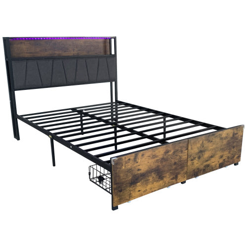 UK Local 4ft6 Double Bed Frame With 2 Storage Drawers, RGB LED Storage Headboard With Charging Station, Metal Platform Bed Frame, No Box Spring Needed, Easy Assembly, Black Walnut No Mattress