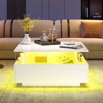 UK Local Coffee Table With Storage For Living Room, Modern LED Coffee Table, Square Tea Table With 2 Sliding Drawers Wood Center Table Acrylic Glass Coffee Table