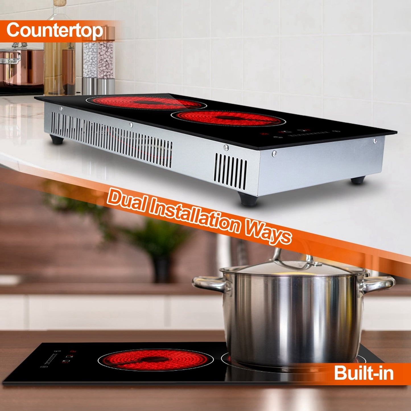 US Local 1Pc Dual Induction Burners Electric Cooktop 110V Total 1900W Electric Stove Built In Electric Ceramic Stove With Timer Setting 9 Firepower Levels Over Heating Protection