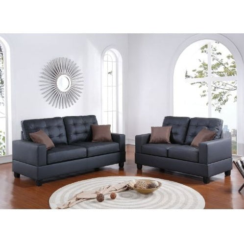 USA Local Living Room Furniture 2pc Sofa Set Black Faux Leather Tufted Sofa Loveseat W Pillows Cushion Couch