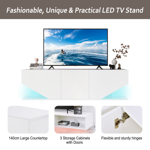 UK Local Entertainment Center LED TV Stand TV Cabinet With LED Lights, 3 Storage Cabinet And 2 Open Shelves High Gloss Entertainment Center Media Console Table Storage Desk For For 65 Inch TV