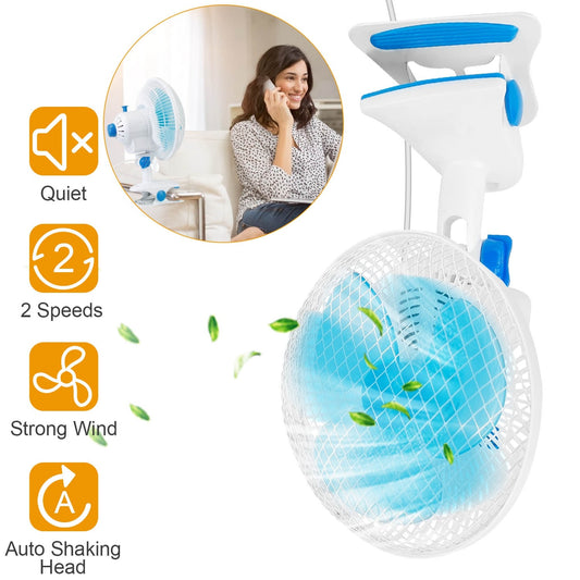 US Local 1Pc Clip On Fan 2 Speeds Quiet Clamp Fan Adjustable Tilt Auto Shaking Fan Wall Mount Personal Fan For Desk Office Home Baby Strollers Table Tops With 3.94FT Cord