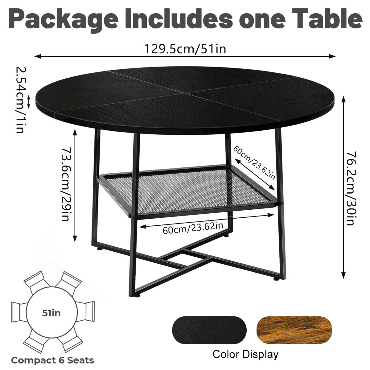US Local 51 Round Dining Table For 4-6 Tiger Stripes-Black Wooden Dining Room Table With Storage Shelf Space Saving Circle Dinner Table With Metal Legs For Kitchen Living Room Dining Restaurant Furniture