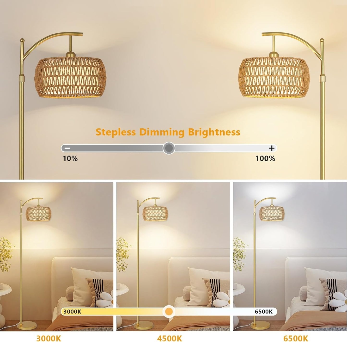 US Local Floor Lamp With 3 Color Temperatures, LED Gold Floor Lamp With Remote & Stepless Dimmable Bulb,