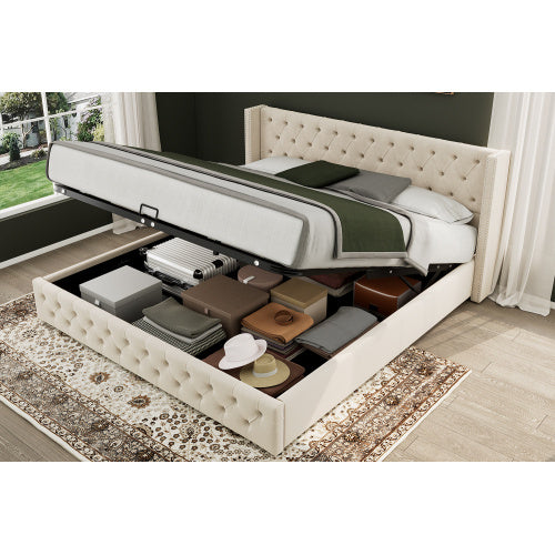 UK Local Upholstered Bed, 135x190, With Hydraulic Lever, Functional Bed From Storage,velvet, Beige