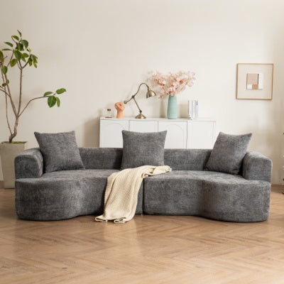 US Local Modern Style Curved Sofa, Soft Corduroy Sofa With 3 Pillows, Living Room Milky White Ultra Smooth Curved Fabric Sofa
