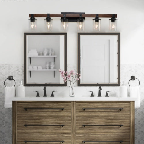 US Local 42 Rustic 6-Light Vanity Light, Industrial Bathroom Wall Sconce With Glass Shades And Wood Accent, Modern Farmhouse Lighting Fixture No Bulbs