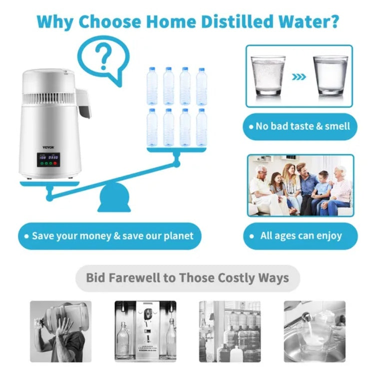 US Local VEVOR 1.1Gal Water Distiller, 0.3Gal H, 750W Distilled Water Maker Machine 0-99H Timing Set Temp Display, 304 Stainless Steel Countertop Distiller Plastic Carafe Cleaning Powder 3 Carbon Packs, White